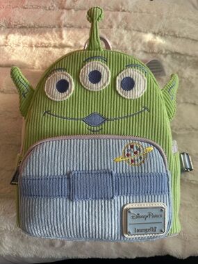 Loungefly Green Three-Eyed Alien Corduroy Backpack with Light Blue Pocket